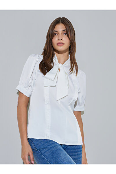 Styli White Solid Tie-Neck Blouse With Pintuck Detail