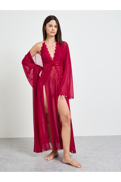 Take Two By Styli Burgundy Lace Slip Dress And Robe Set
