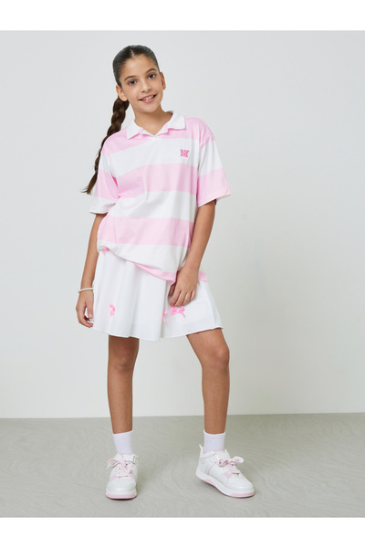 Styli Girls Pink Striped Oversize Polo T-Shirt