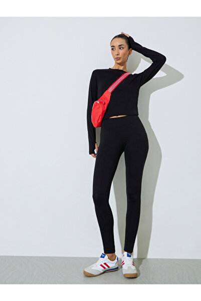 Styli Black Cotton Lycra Wide Waistband Leggings