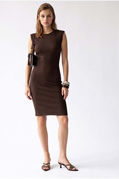 Mixray 2174 Women's Body-Fitting Padded Ribbed Midi Dress Brown