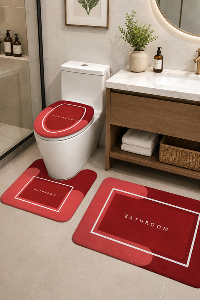 DECOVİST HOME Kaymaz Tabanlı Yıkanabilir 3’lü Klozet Takımı Kırmızı Banyo Pas...