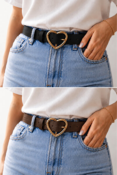 kemer krallığı Women's Belt with Heart Buckle, Set of 2 – Black & Dark Brown