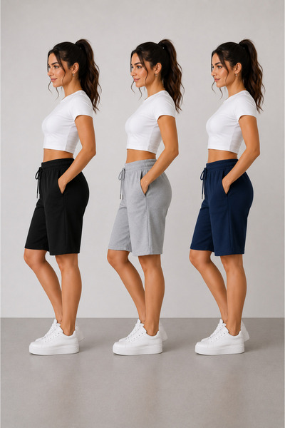 BRACCİX Women's Summer Sports Shorts Set of 3 Black Gray Navy Blue Comfortable Fit Anti-Sweat