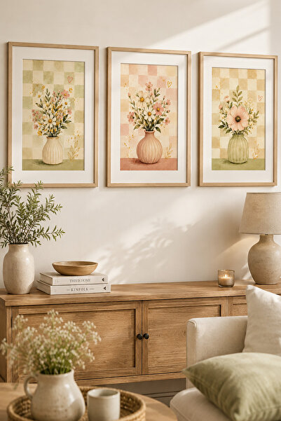 ARTI HOME Pastel Vazo Çiçek Temalı 3’lü Ahşap Dekoratif Tablo Seti – Country ...