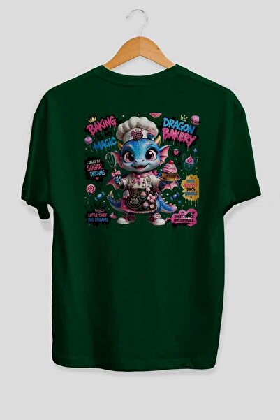 Ankhises Tricou verde supradimensionat cu imprimeu pe spate Dragon Bakery, un...