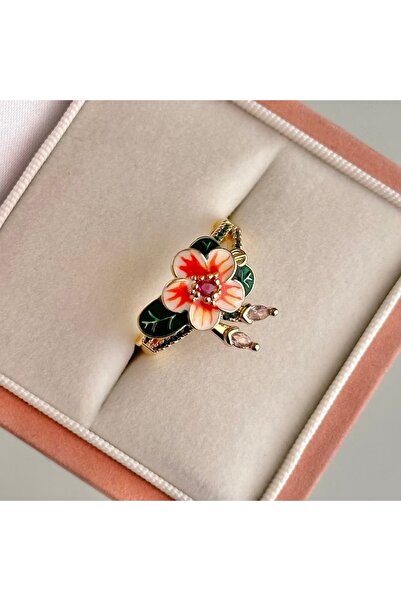 SWANOVAJEWELRY Şeftali Çiçeği Tasarım Çiçek Detaylı Ayarlanabilir Kadın Yüzük
