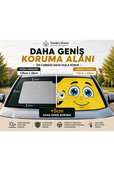 trends's choice Araç Ön Cam Güneşliği 135x65 cm Katlanabilir Oto Güneşlik Güneş Koruyucu Balonlu Ön Cam Güneşliği Emoji Desenli