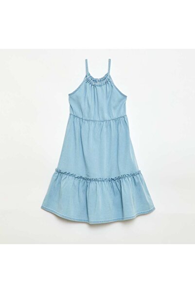 KIABI Plain dress with straps and ruffles BLUE