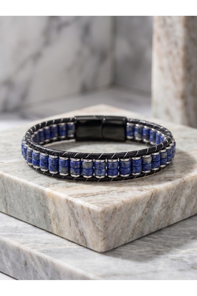 Parmas Design Lapis and Hematite Steel Braided Leather Men's Gift Bracelet 01897