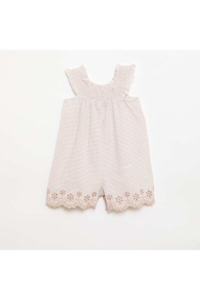 KIABI Striped Seersucker Short Romper with Smocking and Embroidery BEIGE