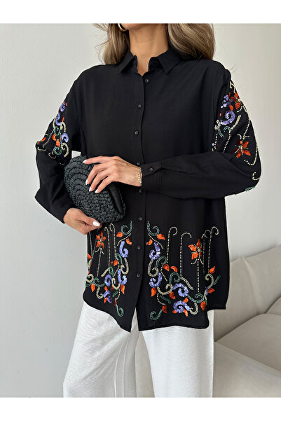 MİA NOURA Women's Oversize Shirt with Embroidered Front and Sleeves, Beaded Work