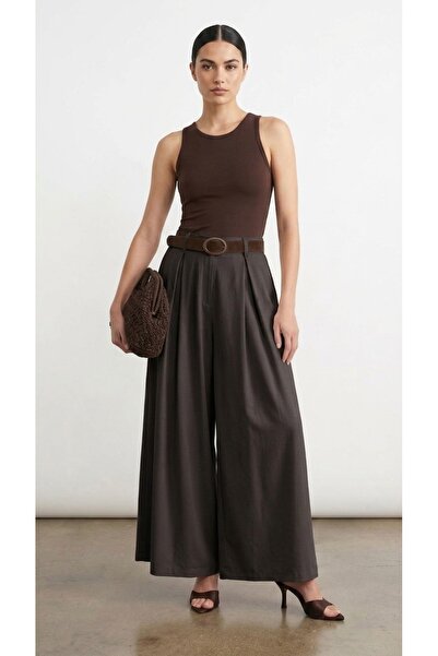 FEMMESTUDIO Women's Brown Wide-Leg Tencel Fabric Belted Trousers