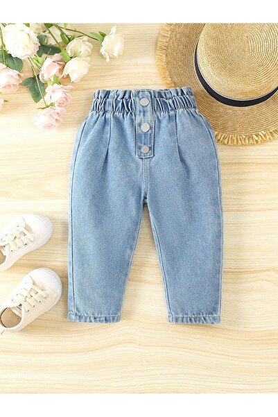 JO FASHION جينز دنيم للرضع للفتيات بزر مخروطي كاجوال وخصر براعم