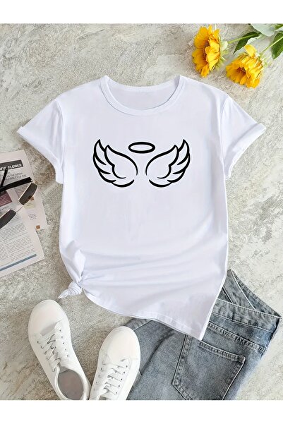 Astogria13 تي شيرت صيفي فضفاض غير رسمي مع طباعة كرتونية مرحة على شكل أجنحة ملاك