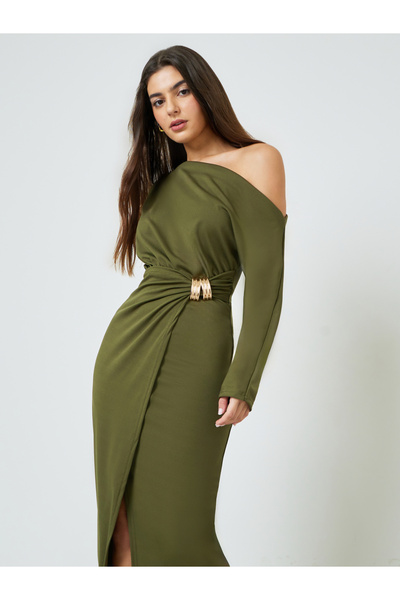 Take Two By Styli Green One Shoulder Wrap Front Midi Dress