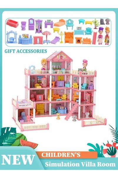 Joudiplay مجموعة بيت الدمى الضخم ذات 4 طوابق مع 11 غرفة، 4 دمى، مطبخ، غرفة نوم، أثاث، حديقة، حيوانات أليفة، لعبة تظاهرية للبنات، منزل الدمى للتركيب الذاتي.