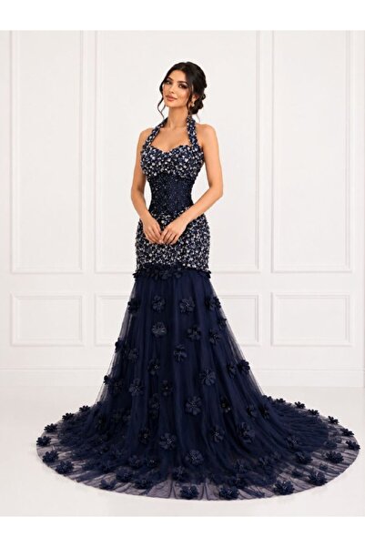 ranin Navy Blue Evening Dress with Hand-Embroidered Chest, Barbi Embroidered,...