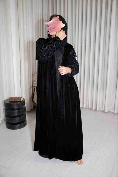 Anaqa Abaya Black Velvet Abaya with Embroidered Sleeves