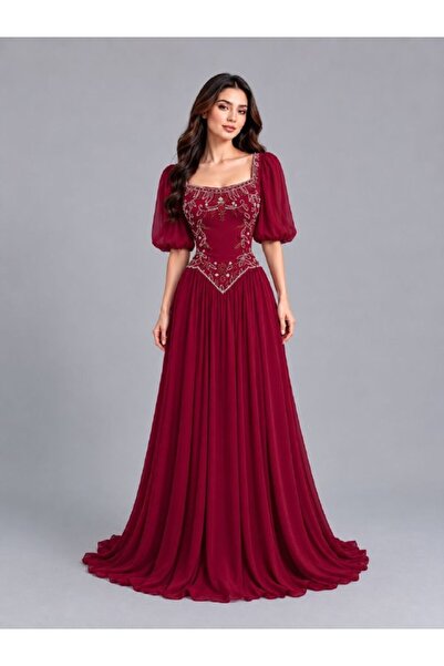ranin Burgundy Chiffon Hand Embroidered Double Clouche Evening Dress