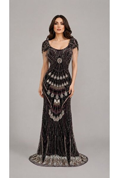 ranin Black and Gold Evening Dress with Beaded Embroidery