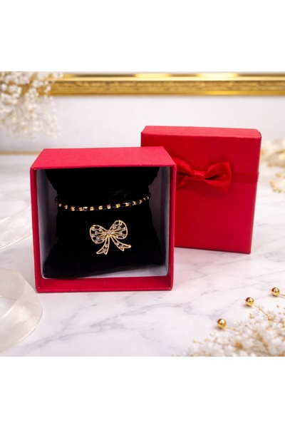 velve Set martisor premium, cu bratara negru-auriu cu bilute si brosa fundita...