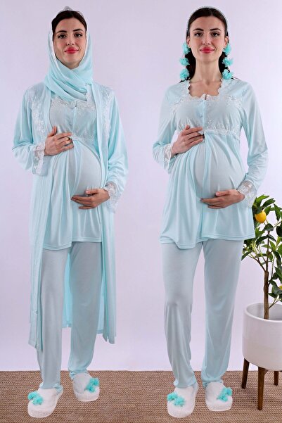 ByLohusa Long Robe Maternity Pajama Set with Hijab and Breastfeeding Feature ...