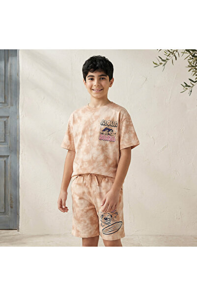 Disney Crew Neck Short Sleeves T-shirt and Shorts Set with Stitch Print