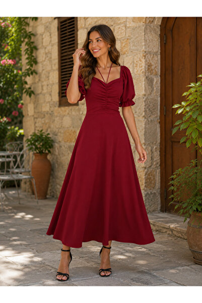 Kokosh moda Timeless Elegance Women's Square Neck Gathered Detailed Midi Crep...