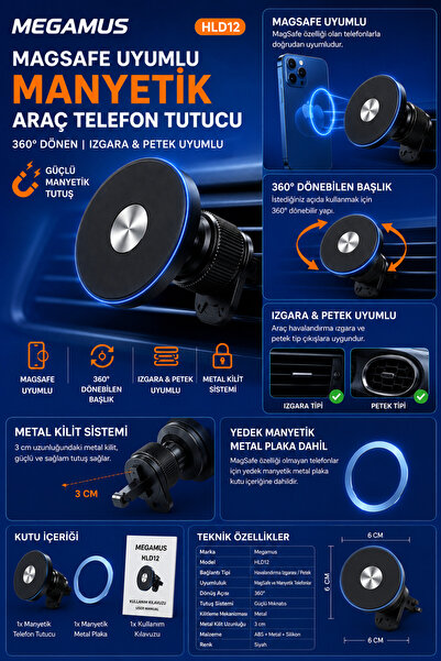 MEGAMUS Memamus MagSafe Uyumlu Manyetik Araç Telefon Tutucu 360° Dönen Izgara...