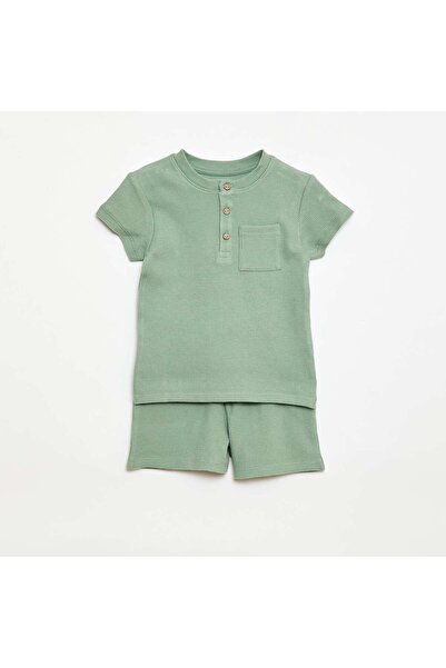 KIABI Ribbed Knit 2-Piece Short Pajama Set GREEN