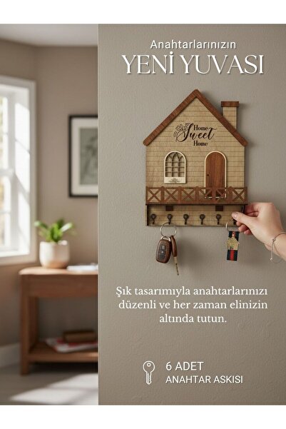 Grafiza حامل مفاتيح خشبي بتصميم Home Sweet Home مع 6 خطافات، حامل مفاتيح زخرف...