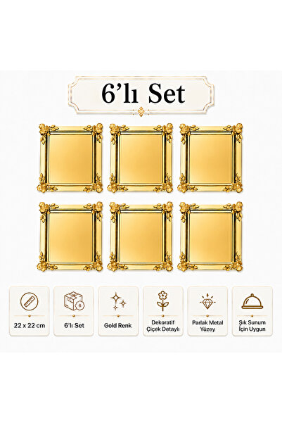 Turkco Gold Flower Detailed Square Presentation Tray 22X22 cm Engagement Coff...