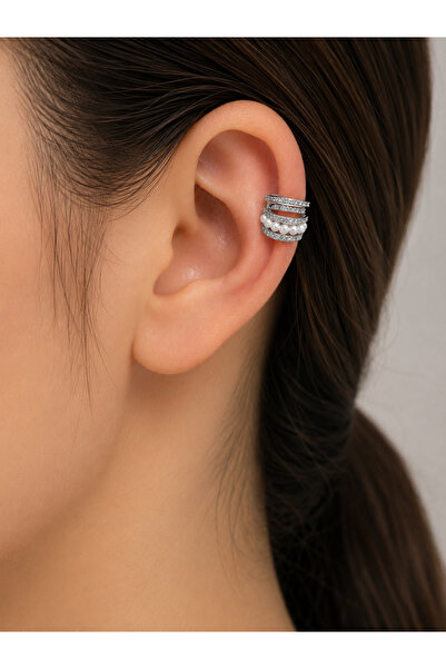 Bymiel Silver Color Pearl and Zircon Stone Multi-Row Cartilage Earrings – Sin...
