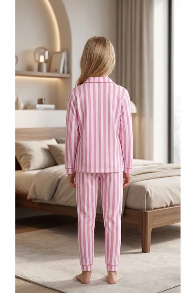 Enie Girl's Pink Cotton Striped Long Sleeve Pajama Set + Eye Patch