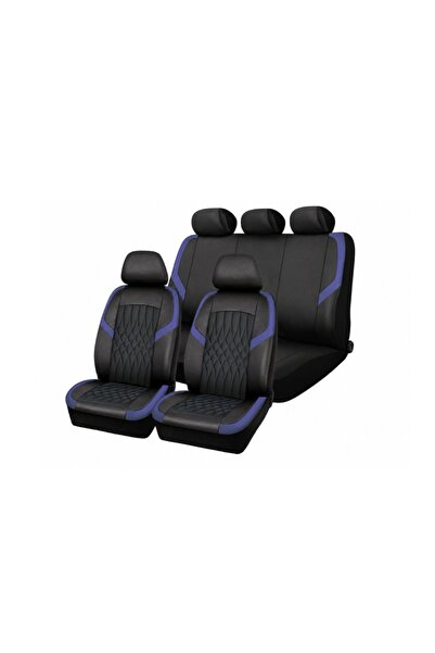 DELUXETUNING Set huse scaune auto universale de lux, fata-spate, piele ecologica, culoare negru cu albastru