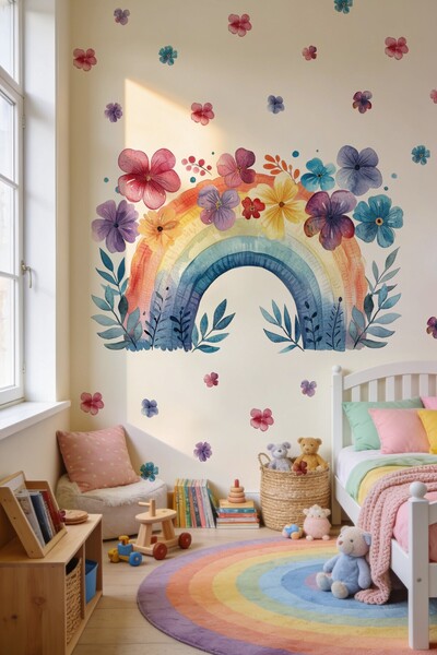 MSticker Watercolor Rainbow Floral Wall Sticker |   70 Pieces Large Size Chil...