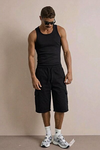 comstar Men's Black Capri Shorts with Stitching Detail and Cargo Pocket