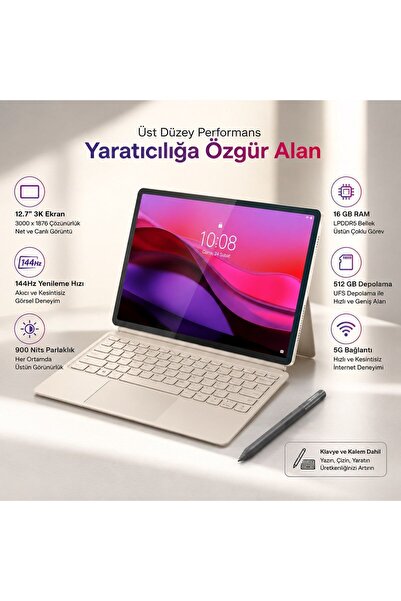 LENOVO Klavye ve Kalemli 12,7 İnç 3K 144 Hz Tablet, 16 GB RAM 512 GB Hafıza, ...
