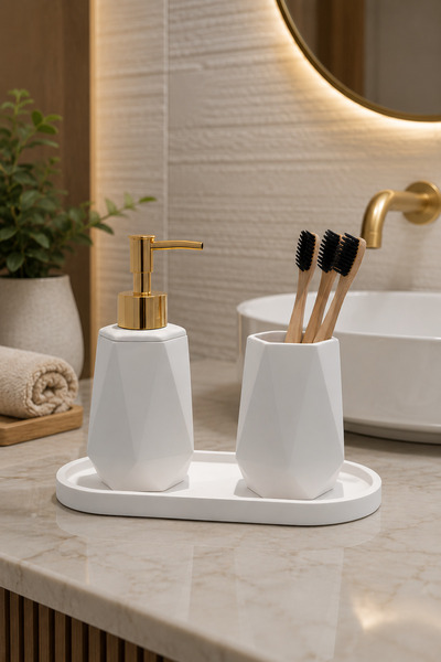 Lyzovi 3 Parça Mermer Desenli Sade Beyaz Premium Banyo Seti | Sabunluk, Fırça...