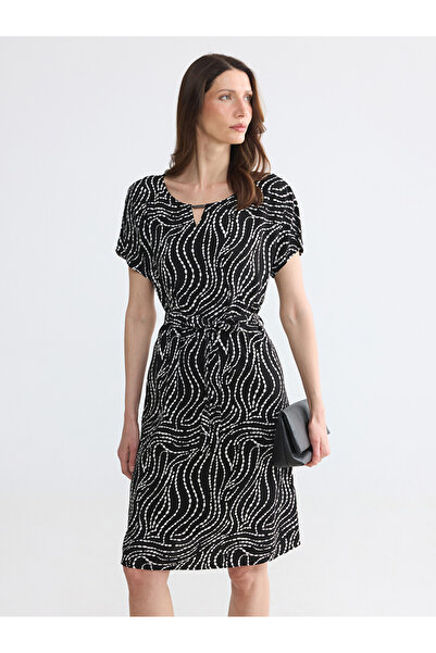 LC Waikiki Lcw Grace Black Crew Neck Patterned A-Line Poplin Dress