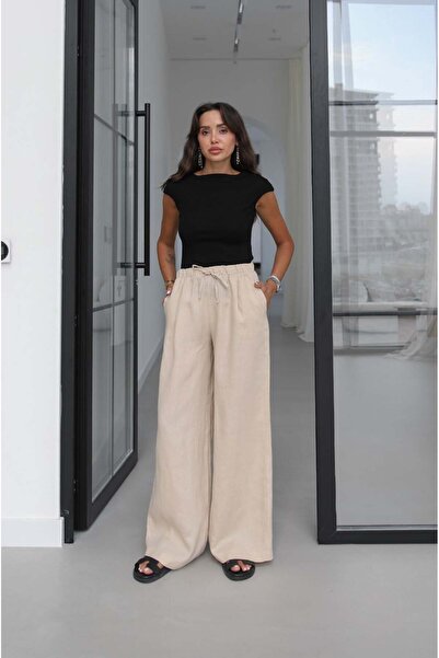 Havoş Beige Pleated 100% Linen Trousers