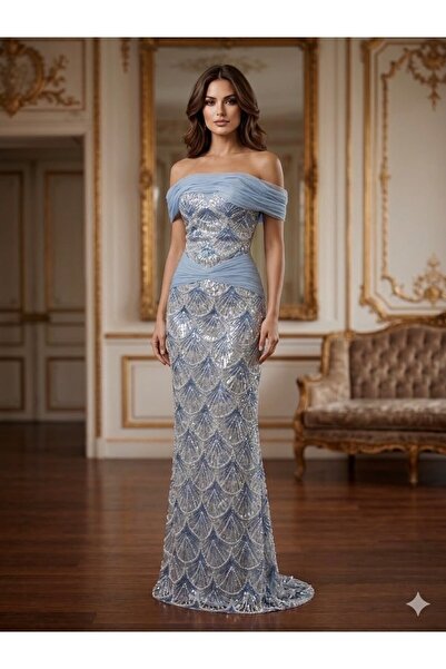 NUHAIRa Evening Dress Tulle Embroidered with Beads and Sequins+ Off Shoulder ...