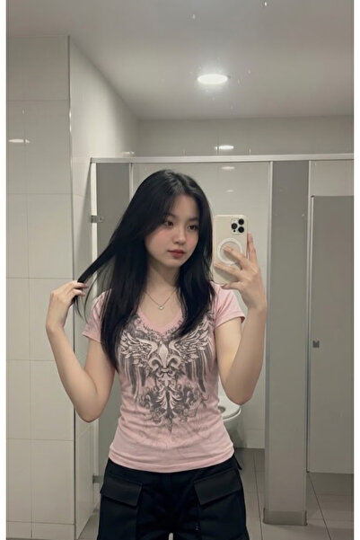 claine Pembe Gothic Wing Y2K Kısa Kollu Crop