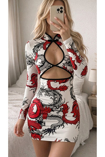 claine Beyaz Ejderha Motifli Pencere Detaylı Şeritli Qipao Elbise