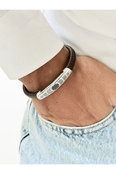 FERRO Silver and Brown Leather Steel Men's Bracelet Frj10212B-K 2 Year Warran...