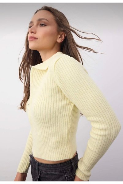 Pollena Cardigan with Ribbed Zipper and Soft Texture Hn1512