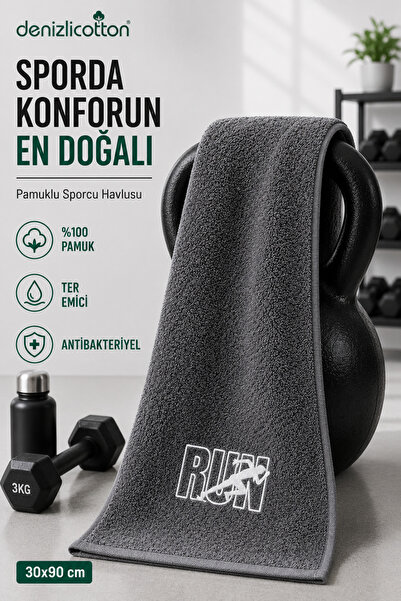 denizlicotton Embroidered Gray Sports Towel 30X90 cm Cotton Sweat Absorbent F...