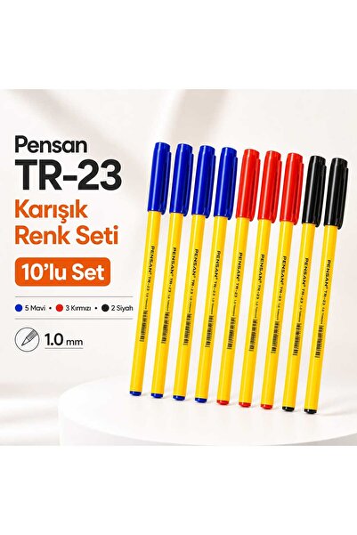 Pensan TR-23 Tükenmez Kalem Seti 10'lu - 5 Mavi 3 Kırmızı 2 Siyah Karışık Ofi...