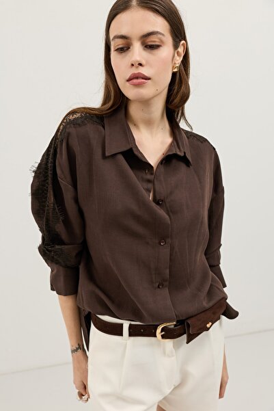 Antioch Bitter Brown Sleeve Lace Embroidered Women's Shirt